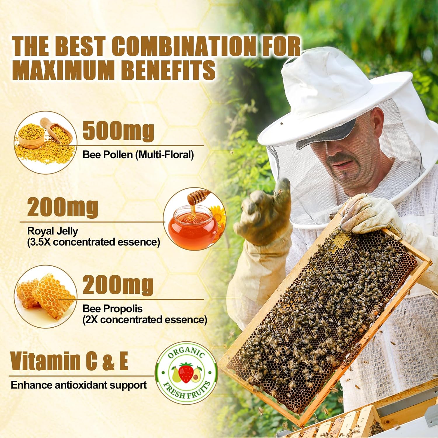 Organic Edmmyliy Bee Pollen Gummies with Royal Jelly & Propolis - Sugar-Free Supplement with Vitamin C, E, Antioxidants, Amino Acids - Immune & Skin Support - Gluten-Free, Non-GMO