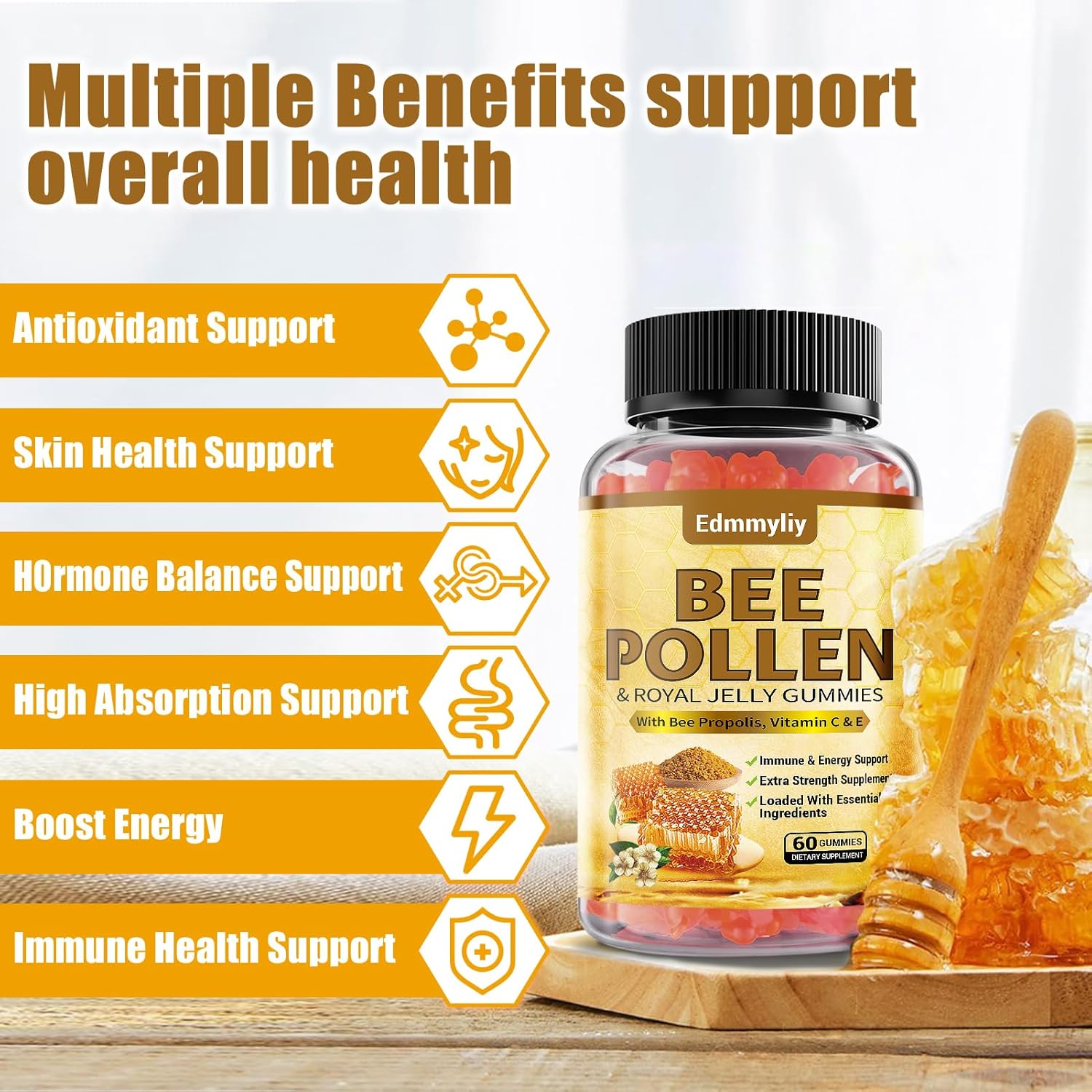 Organic Edmmyliy Bee Pollen Gummies with Royal Jelly & Propolis - Sugar-Free Supplement with Vitamin C, E, Antioxidants, Amino Acids - Immune & Skin Support - Gluten-Free, Non-GMO
