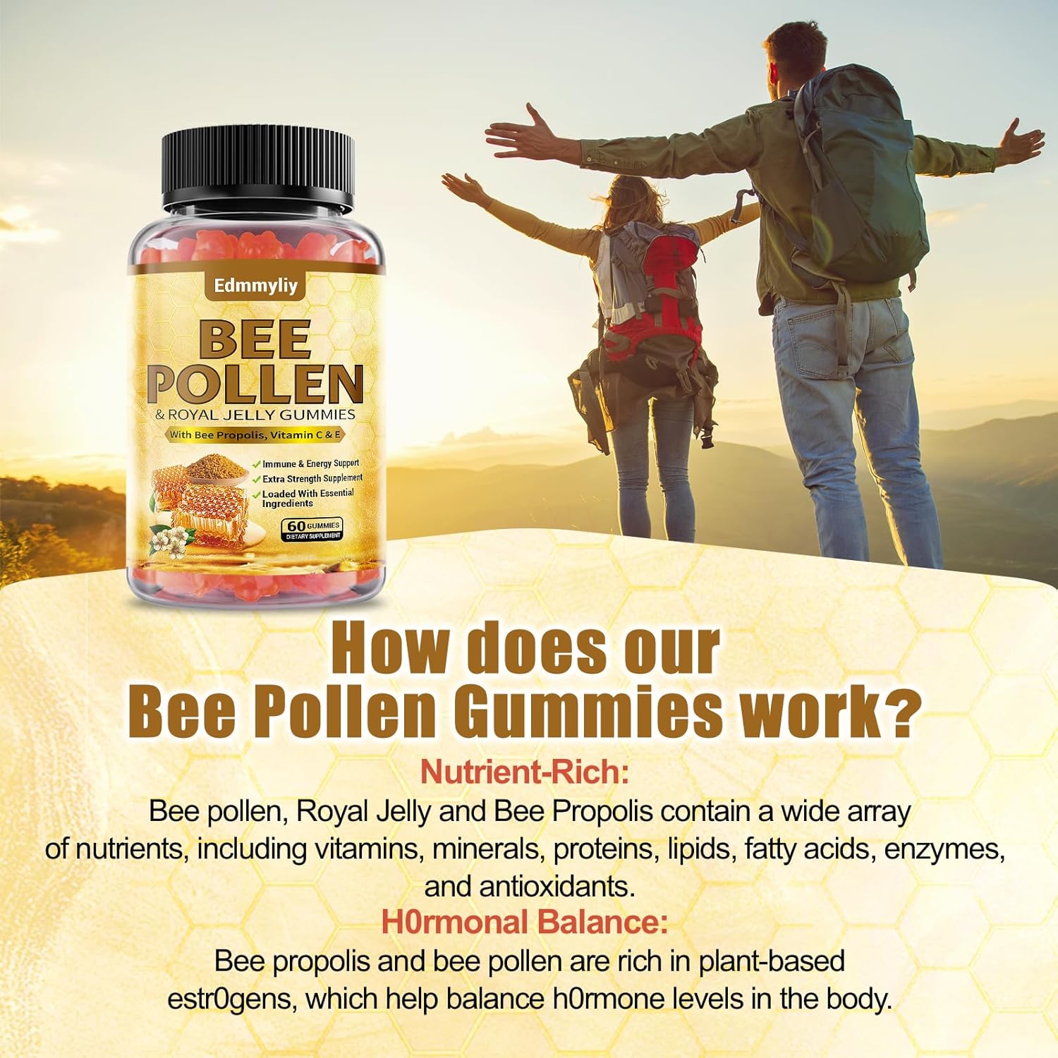 Organic Edmmyliy Bee Pollen Gummies with Royal Jelly & Propolis - Sugar-Free Supplement with Vitamin C, E, Antioxidants, Amino Acids - Immune & Skin Support - Gluten-Free, Non-GMO