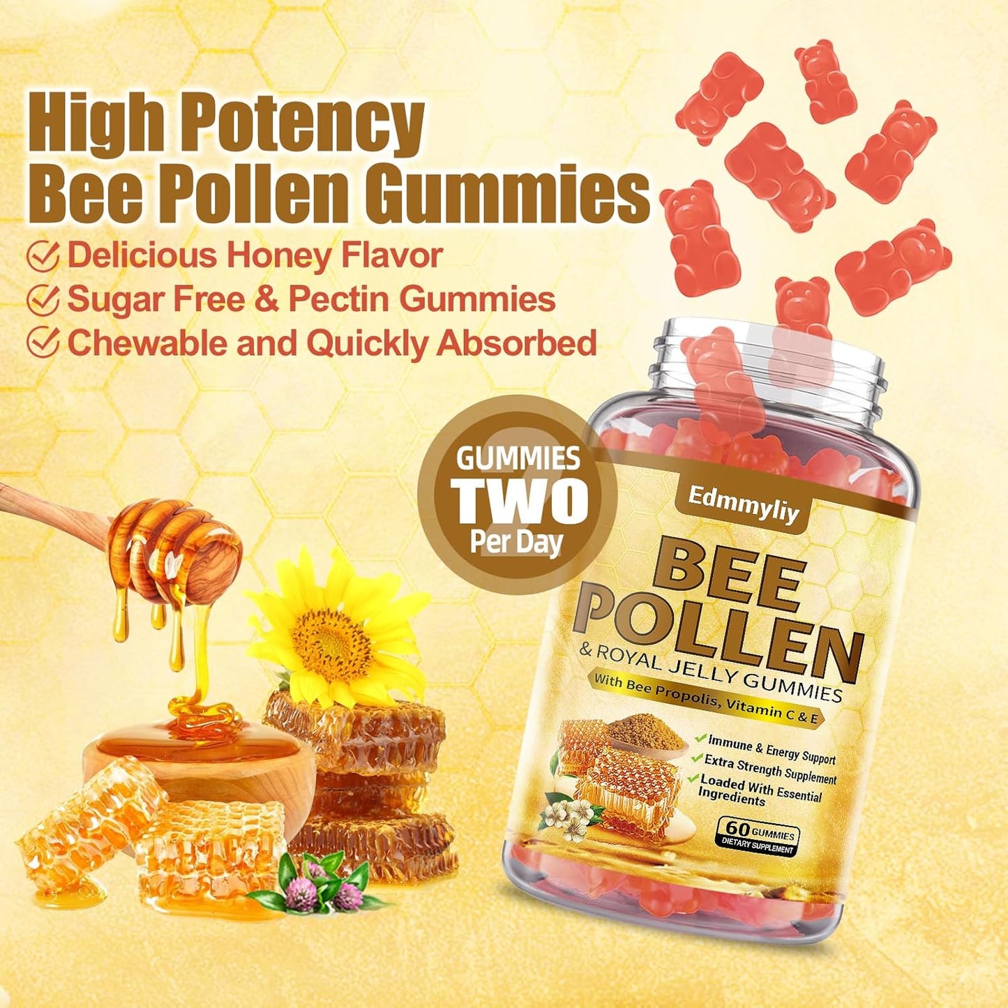 Organic Edmmyliy Bee Pollen Gummies with Royal Jelly & Propolis - Sugar-Free Supplement with Vitamin C, E, Antioxidants, Amino Acids - Immune & Skin Support - Gluten-Free, Non-GMO