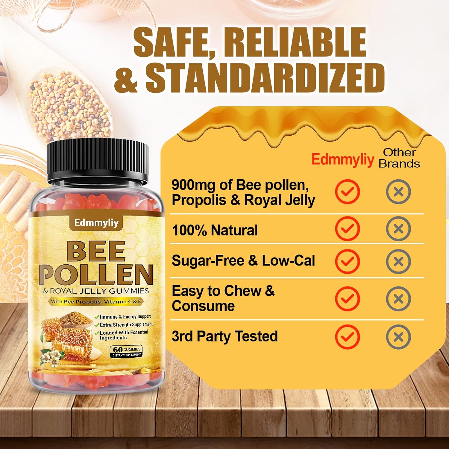 Organic Edmmyliy Bee Pollen Gummies with Royal Jelly & Propolis - Sugar-Free Supplement with Vitamin C, E, Antioxidants, Amino Acids - Immune & Skin Support - Gluten-Free, Non-GMO