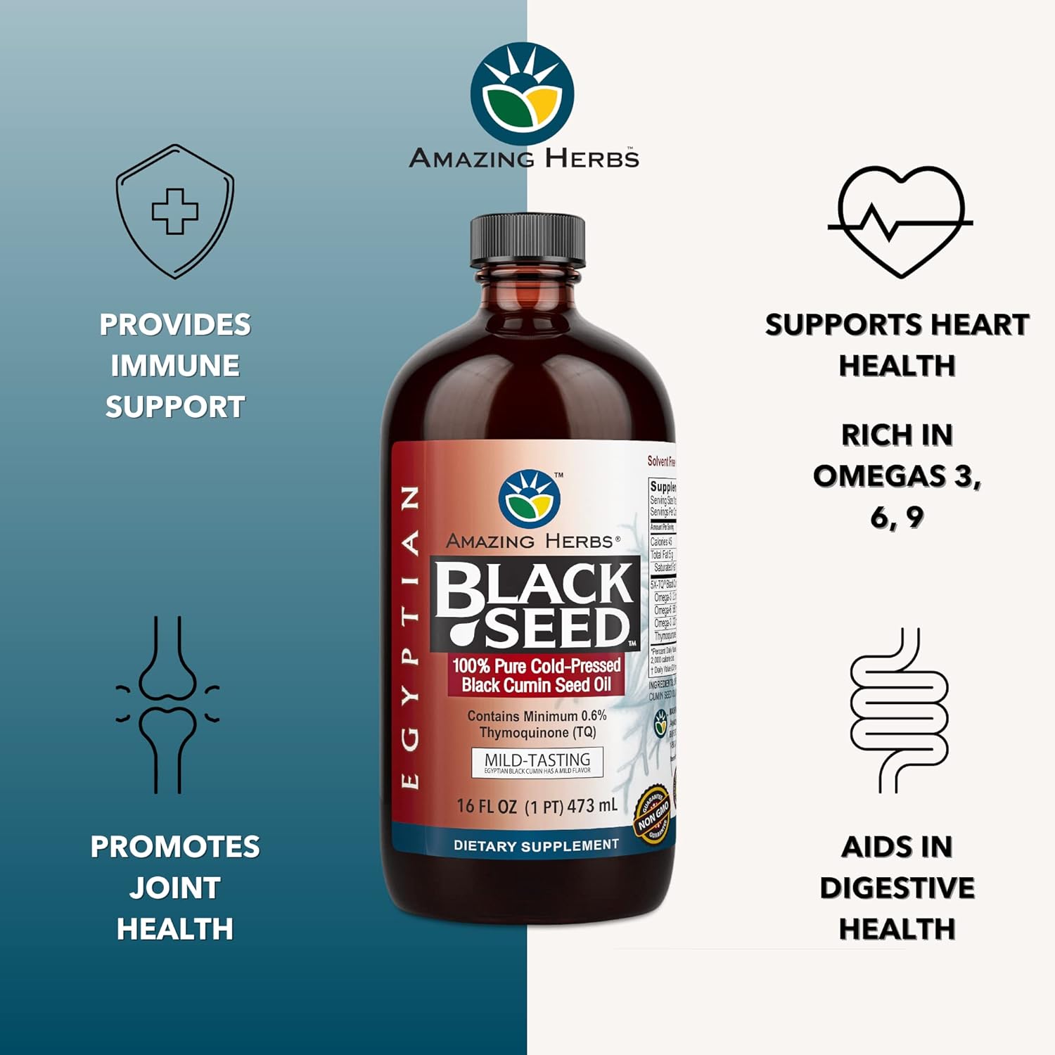 Organic Egyptian Black Seed Oil 16 Fl Oz - Cold Pressed Nigella Sativa for Digestive Health, Immune Support, Brain Function - Gluten Free, Non GMO, Mild Flavor