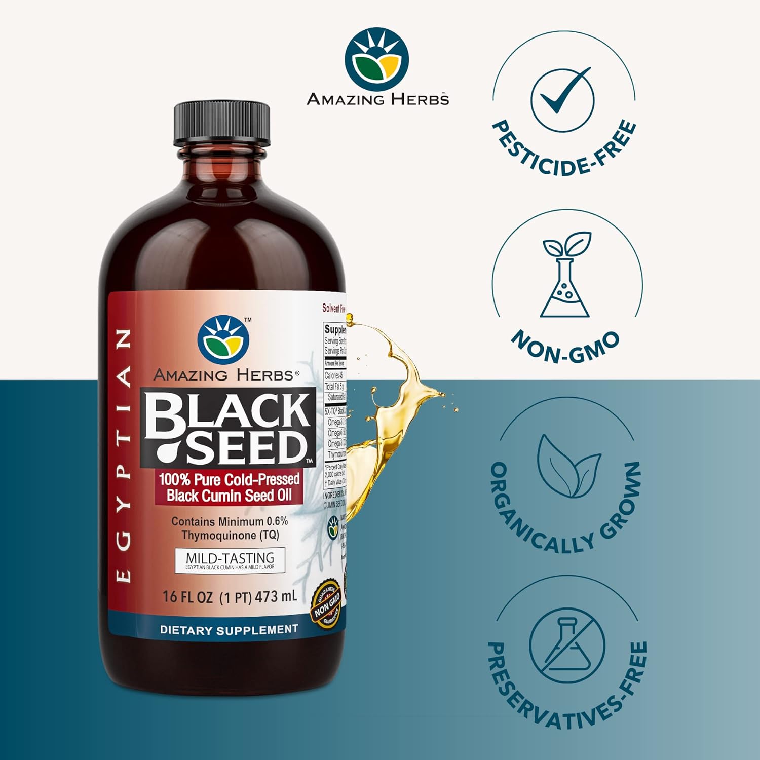 Organic Egyptian Black Seed Oil 16 Fl Oz - Cold Pressed Nigella Sativa for Digestive Health, Immune Support, Brain Function - Gluten Free, Non GMO, Mild Flavor