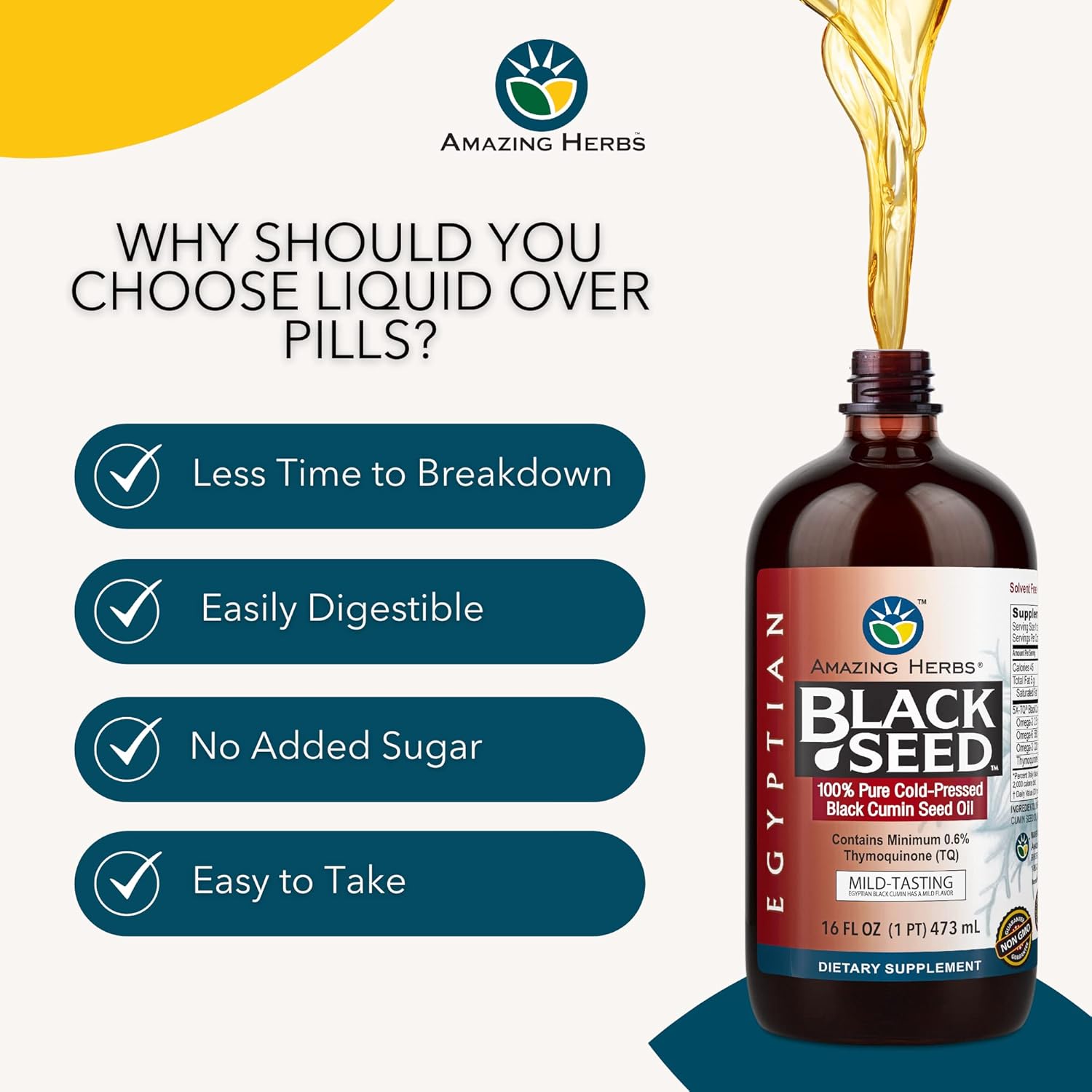 Organic Egyptian Black Seed Oil 16 Fl Oz - Cold Pressed Nigella Sativa for Digestive Health, Immune Support, Brain Function - Gluten Free, Non GMO, Mild Flavor