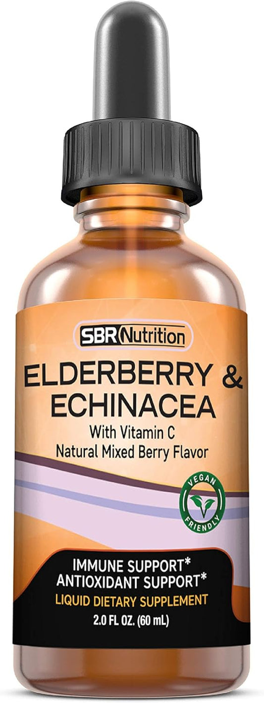 Organic Elderberry and Echinacea Immune Support Liquid Supplement with Vitamin C - Vegan Sambucus Extract Booster for Adults - 2oz