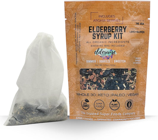 Organic Elderberry Aronia Berry Syrup Kit - DIY Elderwise Organics Brewing Set for 32oz Syrup with Elderberries, Aronia Berries, Rosehips, Ginger, Echinacea, Cinnamon, Cloves, and Brewing Bag