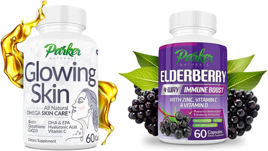 Organic Elderberry Capsules Bundle with Glutathione & Hyaluronic Acid Supplements for Glowing Skin, 120 Capsules - BoostGo Australia