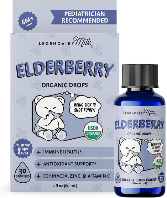 Organic Elderberry Drops for Babies & Toddlers - Immune Support Multivitamin with Echinacea, Vitamin C, Zinc - Non-GMO - 30 Servings