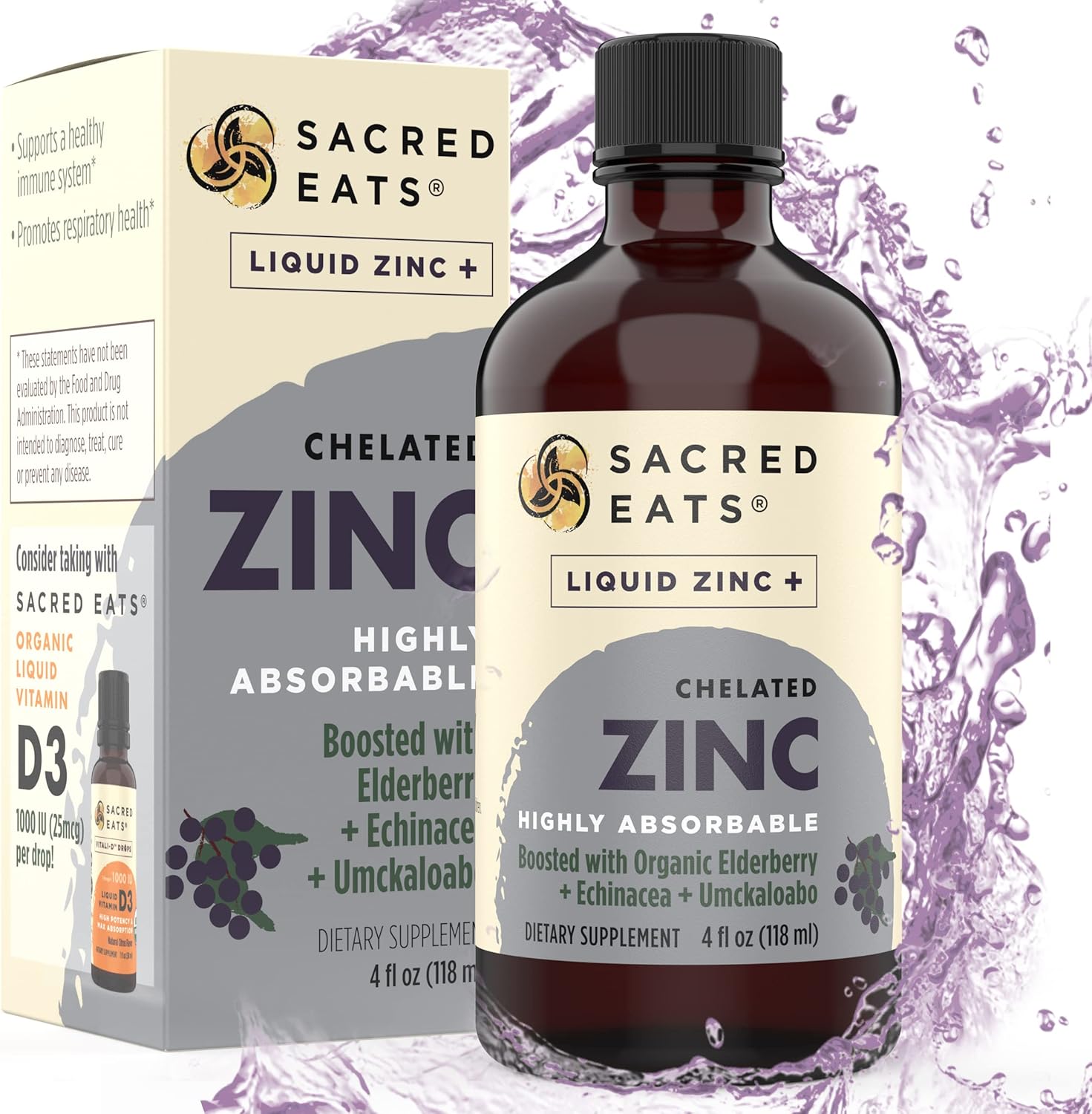 Organic Elderberry & Echinacea Liquid Zinc Supplement | Immune Support for Adults & Kids | High Quercetin Content | Alcohol & Gluten Free | Non GMO | Great Tasting | 4 oz