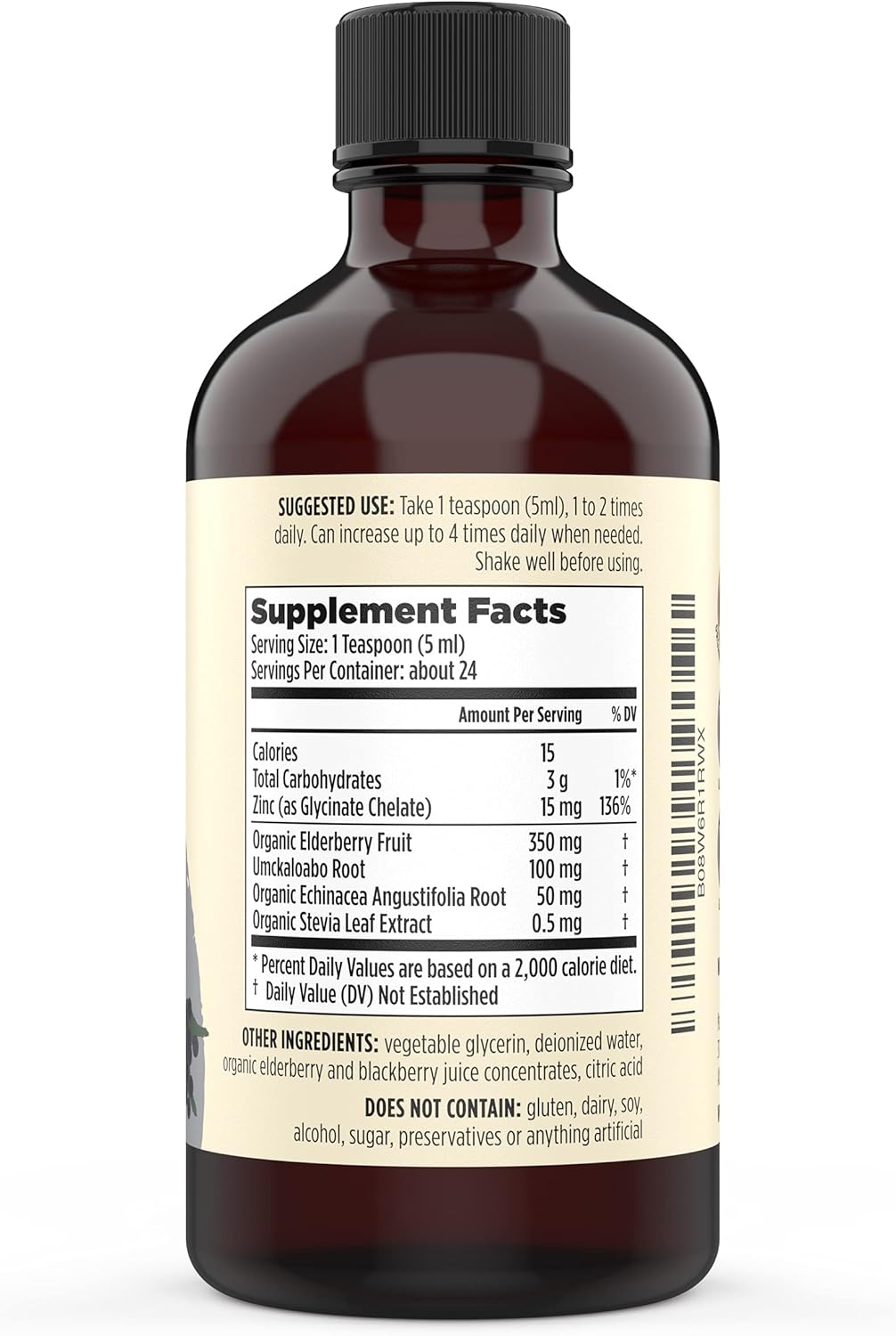 Organic Elderberry & Echinacea Liquid Zinc Supplement | Immune Support for Adults & Kids | High Quercetin Content | Alcohol & Gluten Free | Non GMO | Great Tasting | 4 oz