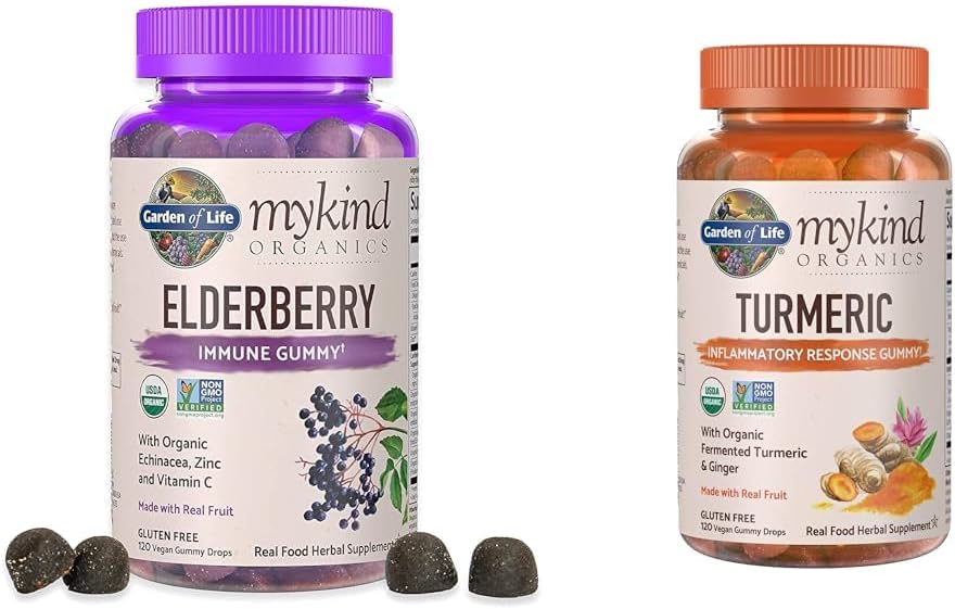 Organic Elderberry Gummies with Turmeric for Immune Support - 120 Real Fruit Gummies for Kids and Adults