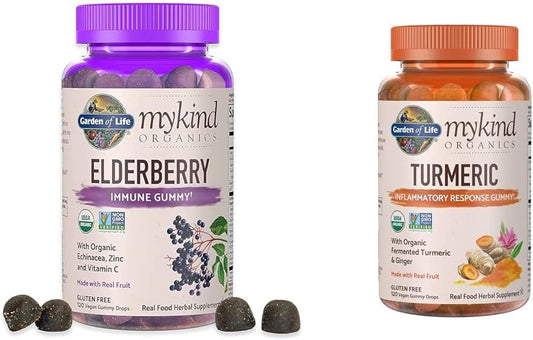 Organic Elderberry Gummies with Turmeric for Immune Support - 120 Real Fruit Gummies for Kids and Adults