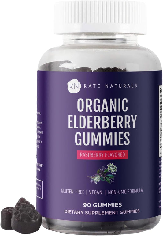 Organic Elderberry Gummies with Vitamin C & Zinc for Immune Support - 90 Gummies, Adults & Kids, Tasty Sambucus Gummies