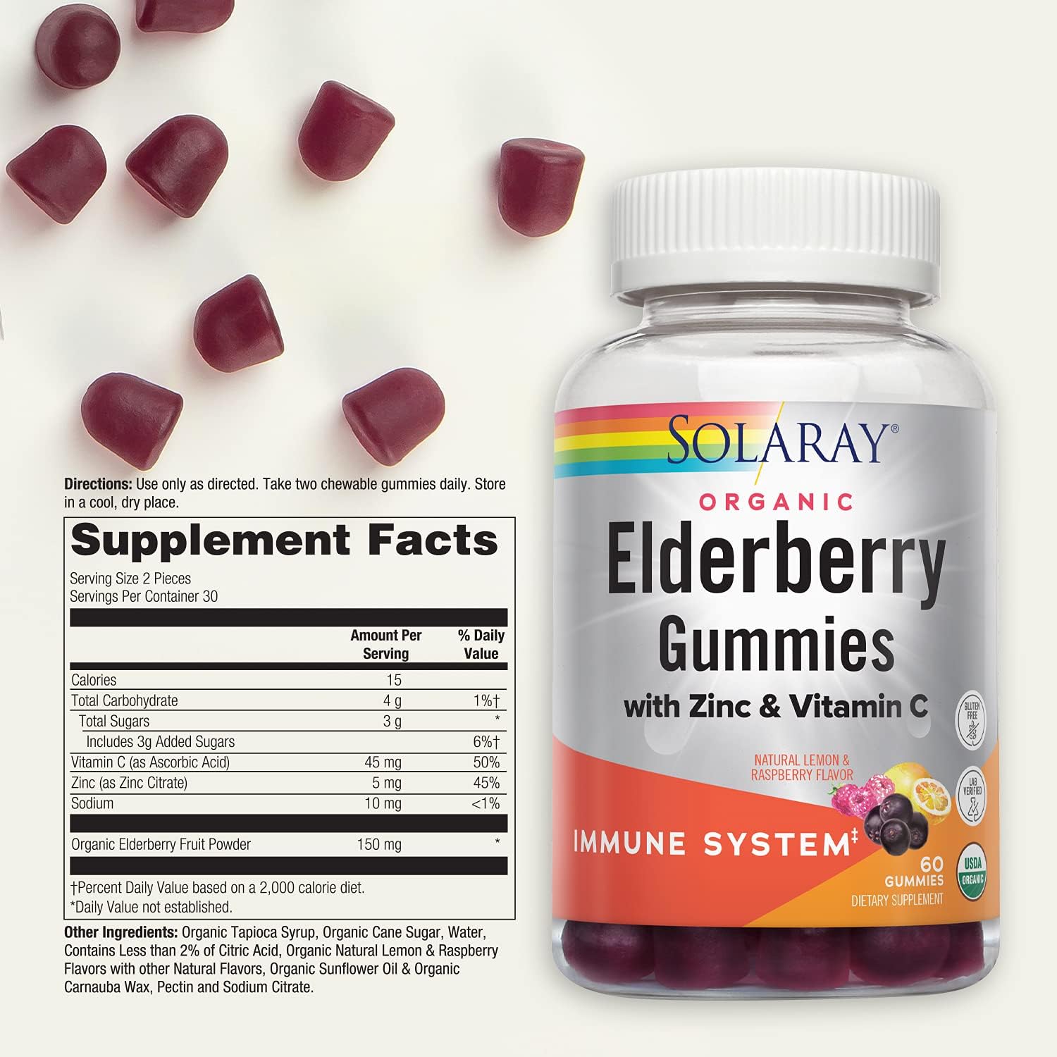 Organic Elderberry Gummies with Zinc & Vitamin C for Immune Support - 60 Ct, Gluten Free, 30 Servings