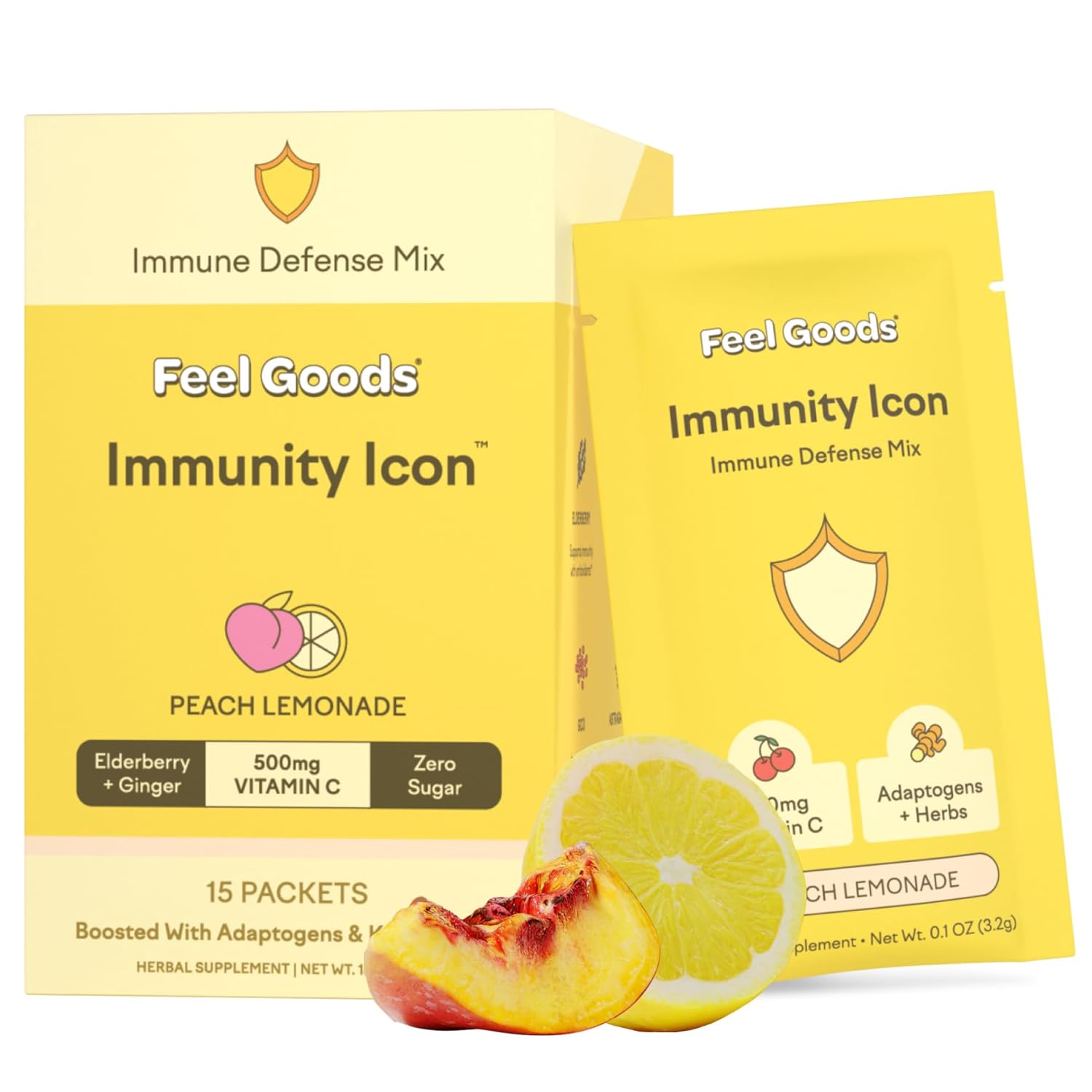 Organic Elderberry Immunity Drink Mix Powder with Vitamin C, A, B, D, E, Zinc, Ashwagandha, Zero Sugar, Vegan, Non GMO, Caffeine & Gluten Free - Peach Lemonade, 15 Pack