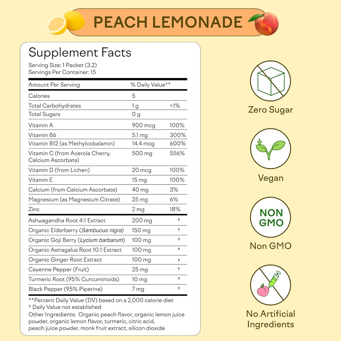 Organic Elderberry Immunity Drink Mix Powder with Vitamin C, A, B, D, E, Zinc, Ashwagandha, Zero Sugar, Vegan, Non GMO, Caffeine & Gluten Free - Peach Lemonade, 15 Pack