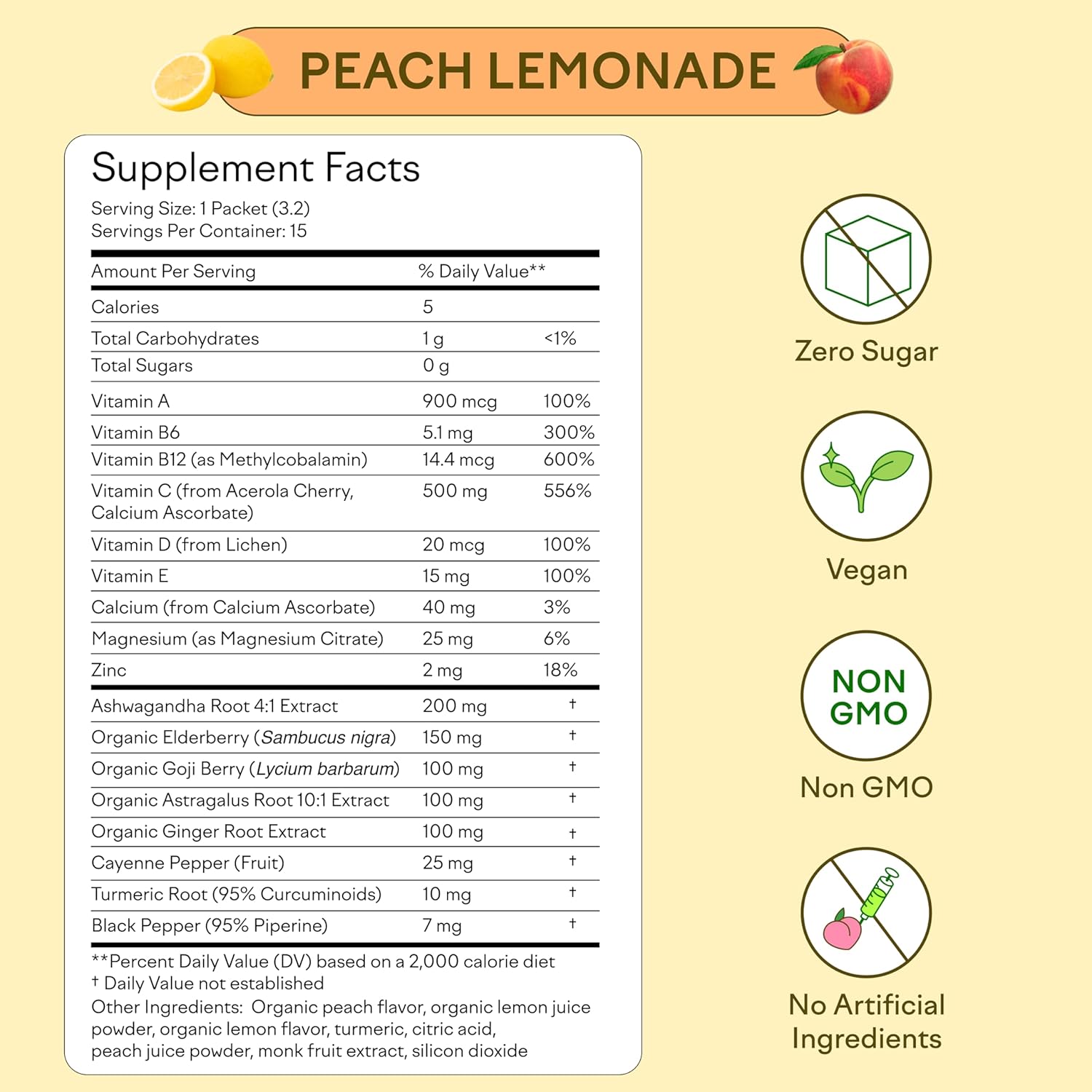 Organic Elderberry Immunity Drink Mix Powder with Vitamin C, A, B, D, E, Zinc, Ashwagandha, Zero Sugar, Vegan, Non GMO, Caffeine & Gluten Free - Peach Lemonade, 15 Pack