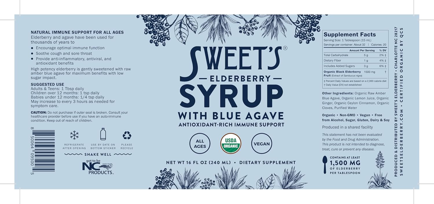 Organic Elderberry Syrup with Blue Agave for Immune Support - 16 oz Vegan, Gluten-Free Formula | USDA Certified