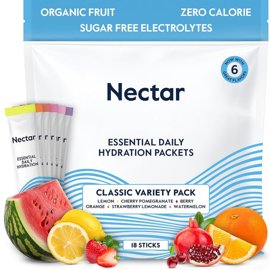 Organic Electrolyte Powder Packets for Rapid Hydration - No Sugar, No Calories - Variety Pack of 18 Daily Hydrate Packets with Organic Fruit Juice for Dehydration Relief