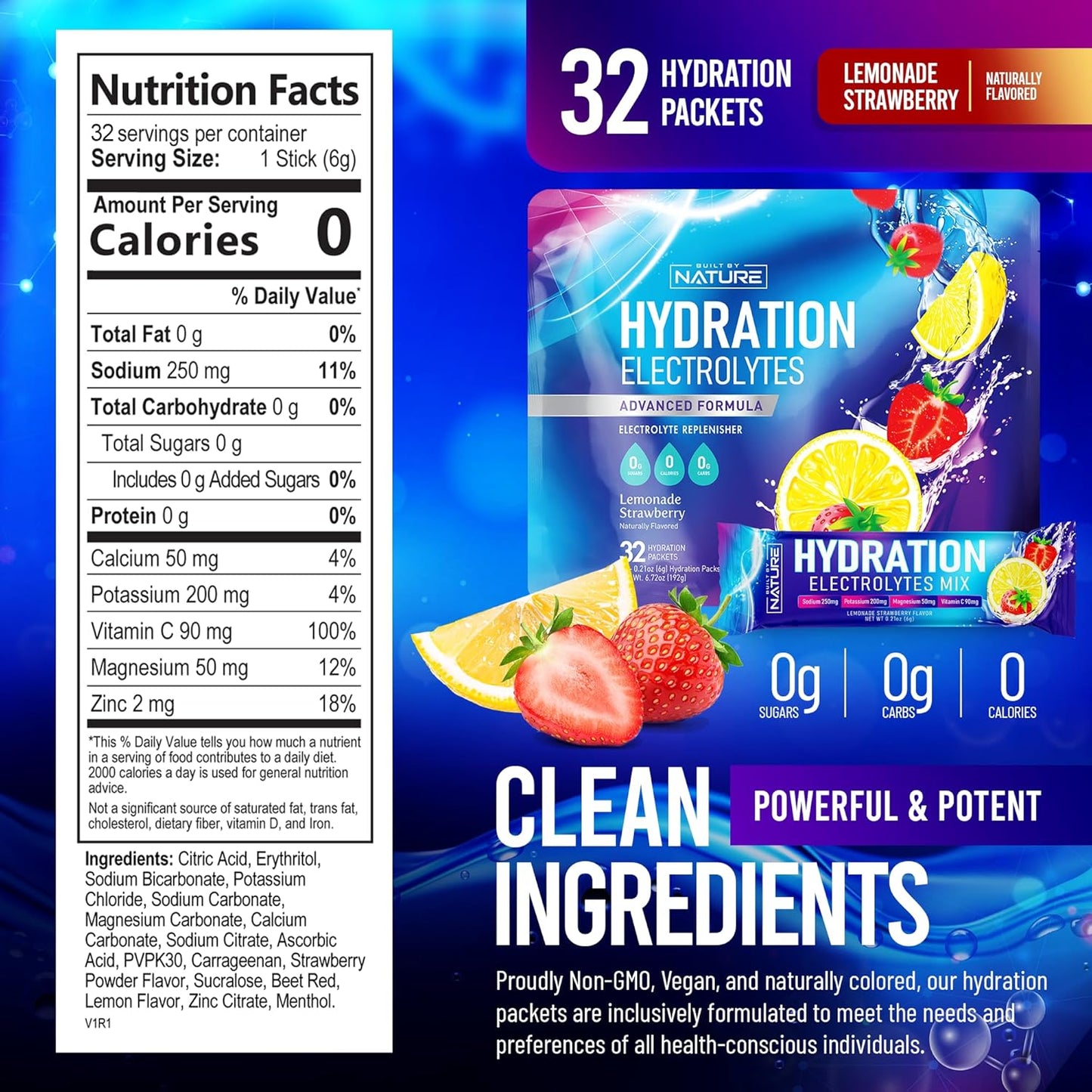 Organic Electrolytes Powder Hydration Packets - Recovery Drink Mix with Essential Minerals & Vitamins - Sugar-Free, Keto-Friendly, Non-GMO Vegan Formula - Strawberry Lemonade Flavor - 32 Sticks