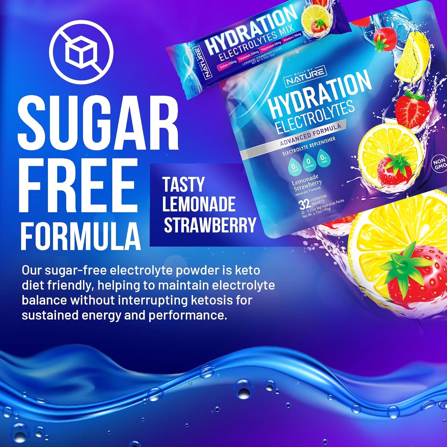 Organic Electrolytes Powder Hydration Packets - Recovery Drink Mix with Essential Minerals & Vitamins - Sugar-Free, Keto-Friendly, Non-GMO Vegan Formula - Strawberry Lemonade Flavor - 32 Sticks