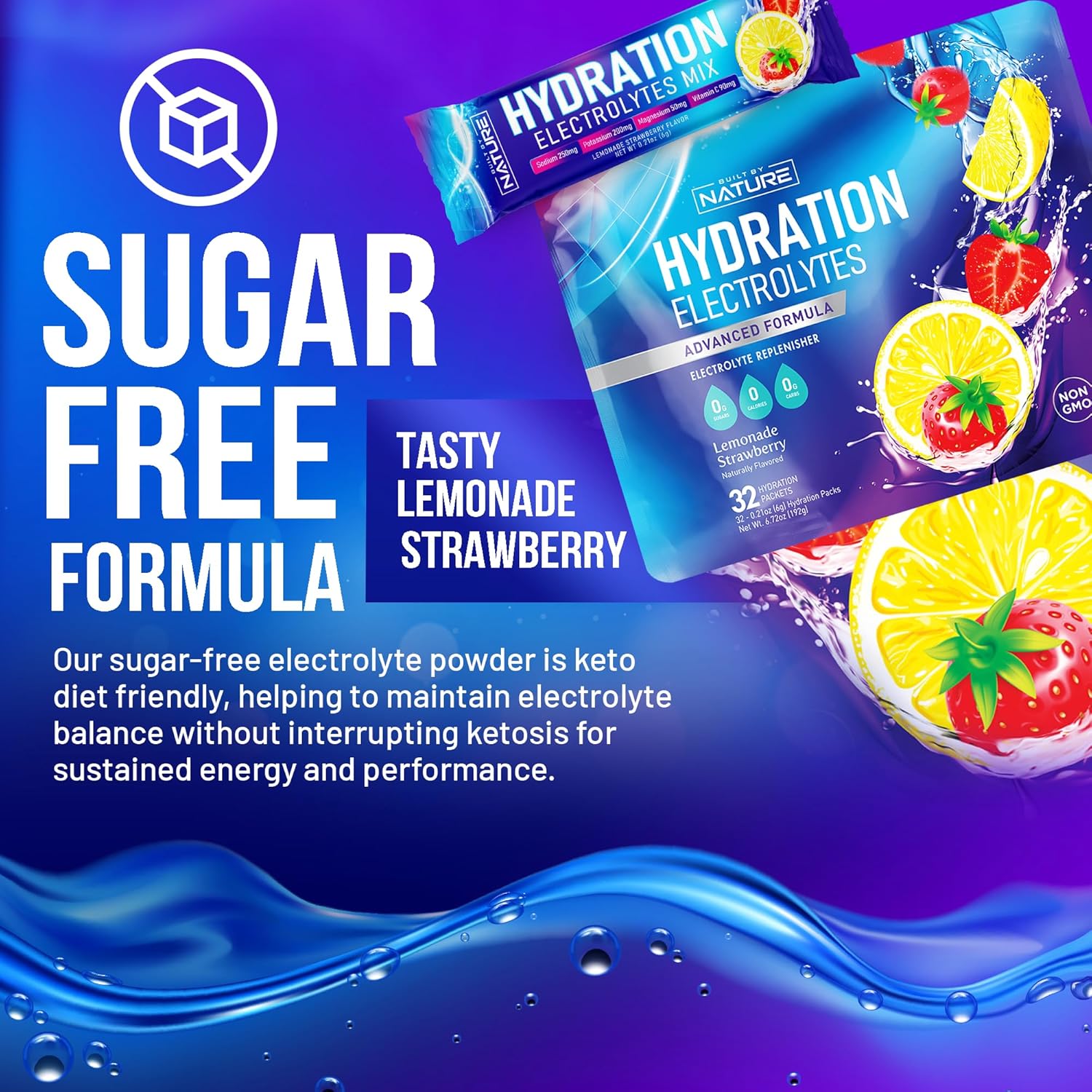 Organic Electrolytes Powder Hydration Packets - Recovery Drink Mix with Essential Minerals & Vitamins - Sugar-Free, Keto-Friendly, Non-GMO Vegan Formula - Strawberry Lemonade Flavor - 32 Sticks