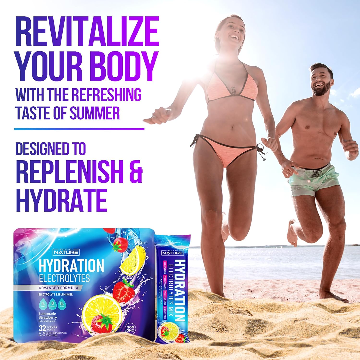 Organic Electrolytes Powder Hydration Packets - Recovery Drink Mix with Essential Minerals & Vitamins - Sugar-Free, Keto-Friendly, Non-GMO Vegan Formula - Strawberry Lemonade Flavor - 32 Sticks