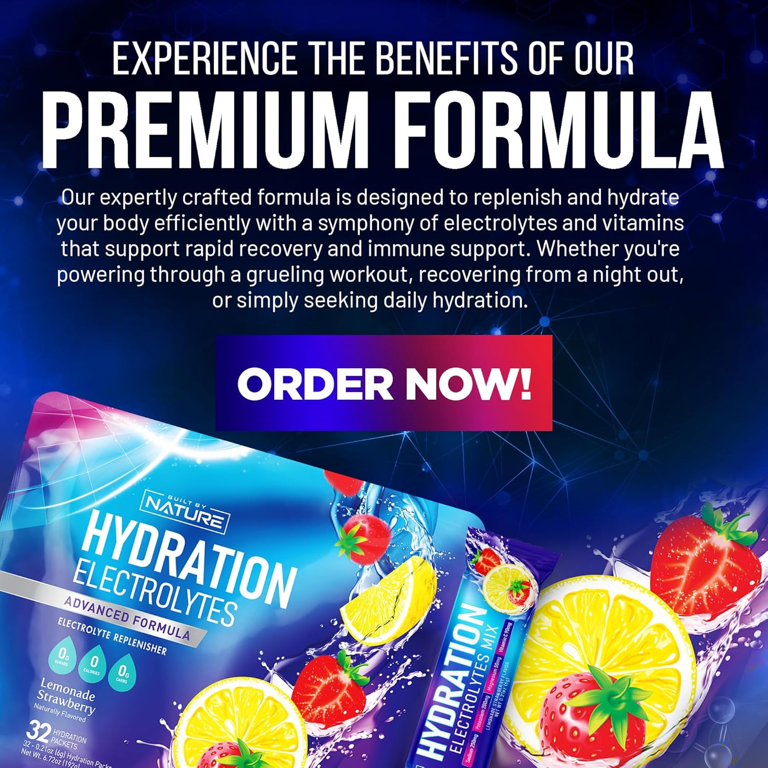 Organic Electrolytes Powder Hydration Packets - Recovery Drink Mix with Essential Minerals & Vitamins - Sugar-Free, Keto-Friendly, Non-GMO Vegan Formula - Strawberry Lemonade Flavor - 32 Sticks