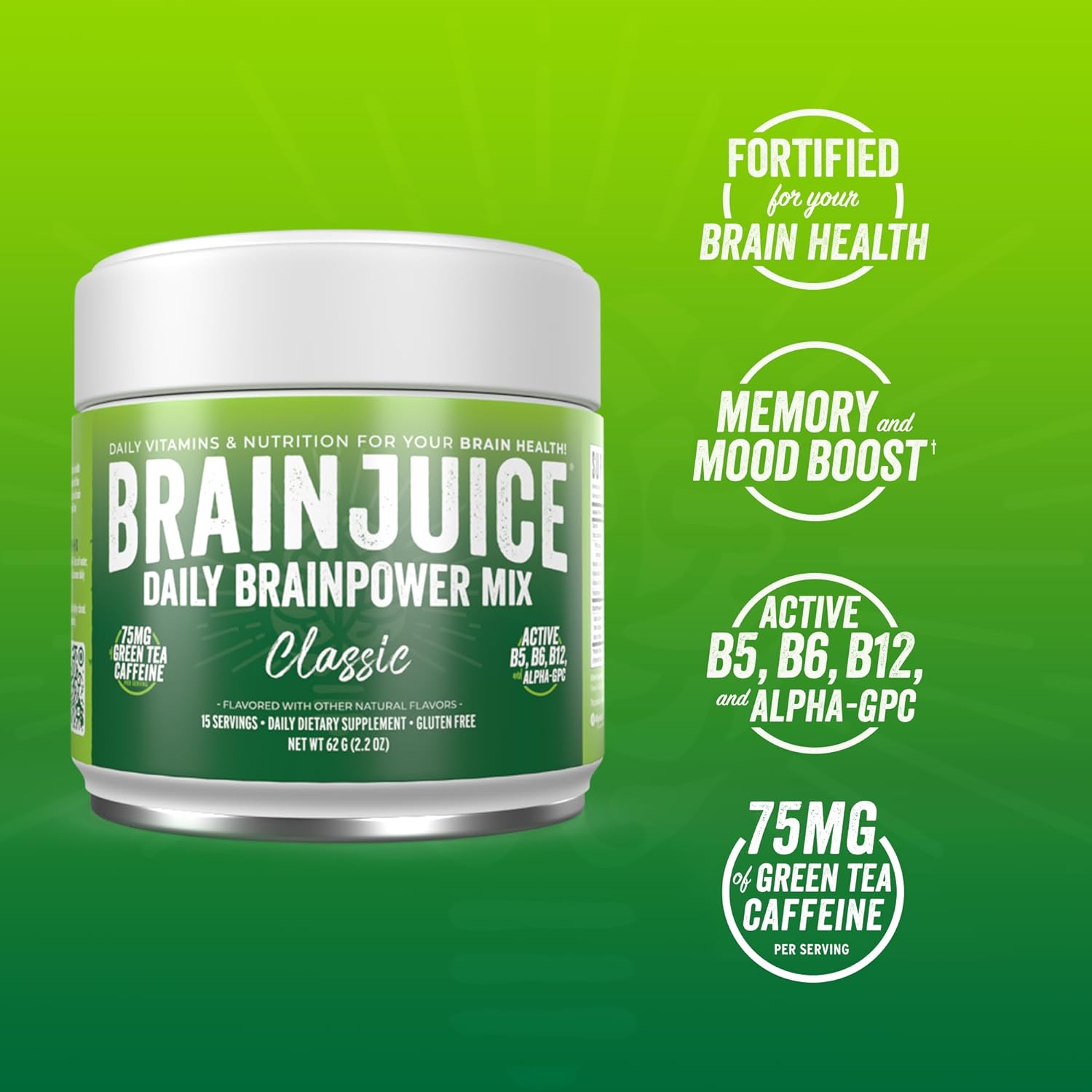Organic Energy and Focus Drink Mix with L-Theanine and Vitamin B - BrainJuice Nootropic Supplement, Gluten-Free Powder, 15 Servings