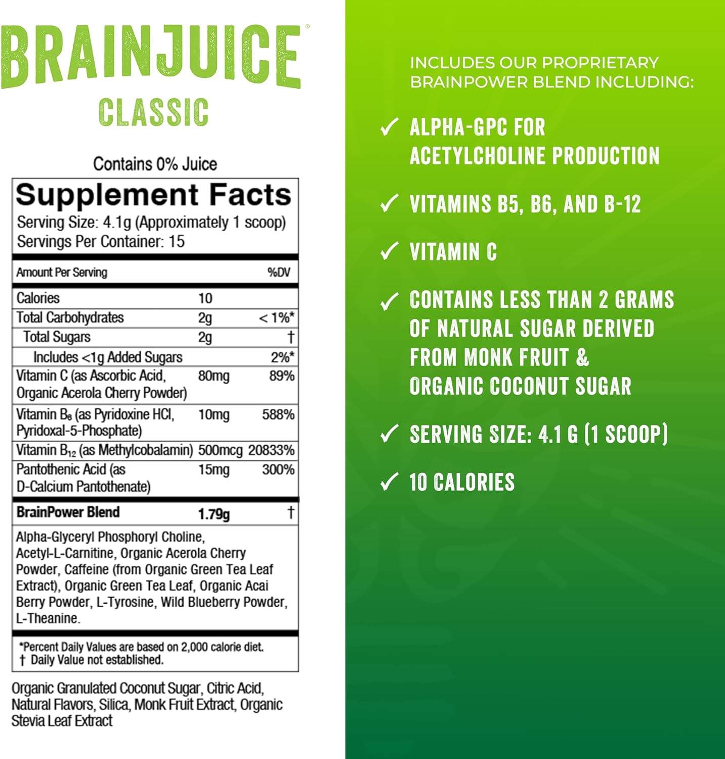 Organic Energy and Focus Drink Mix with L-Theanine and Vitamin B - BrainJuice Nootropic Supplement, Gluten-Free Powder, 15 Servings