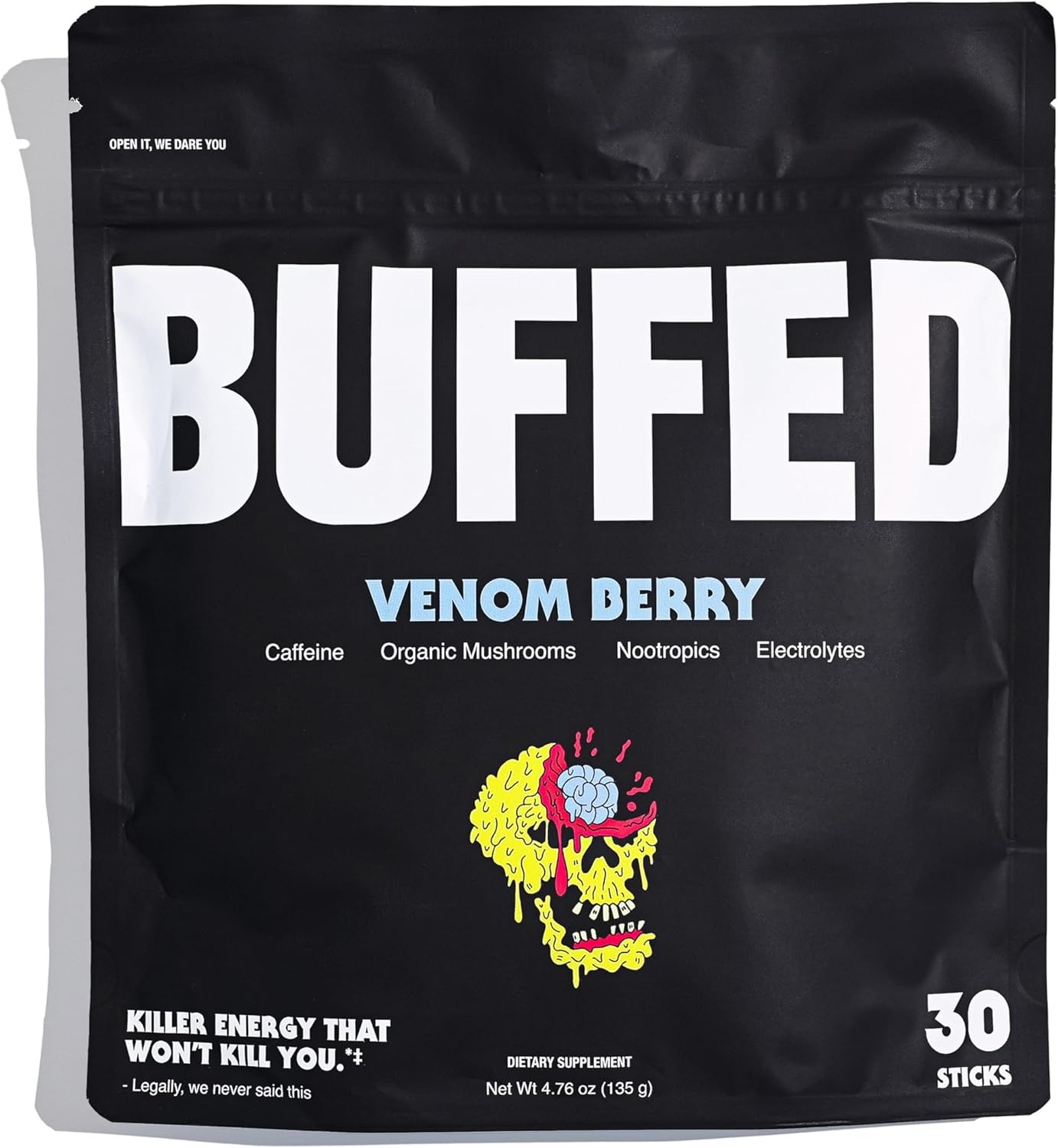 Organic Energy Drink Mix Powder Sticks | Healthy Boost with Caffeine & Hydration | Nootropics, Mushrooms, B-Vitamins | 30 Pack-Venom Berry