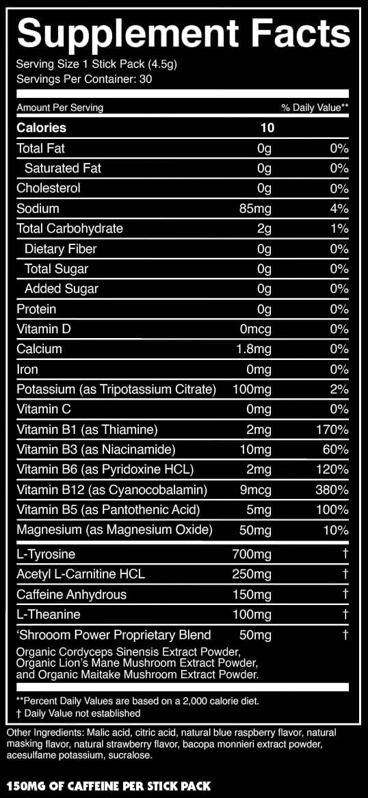 Organic Energy Drink Mix Powder Sticks | Healthy Boost with Caffeine & Hydration | Nootropics, Mushrooms, B-Vitamins | 30 Pack-Venom Berry