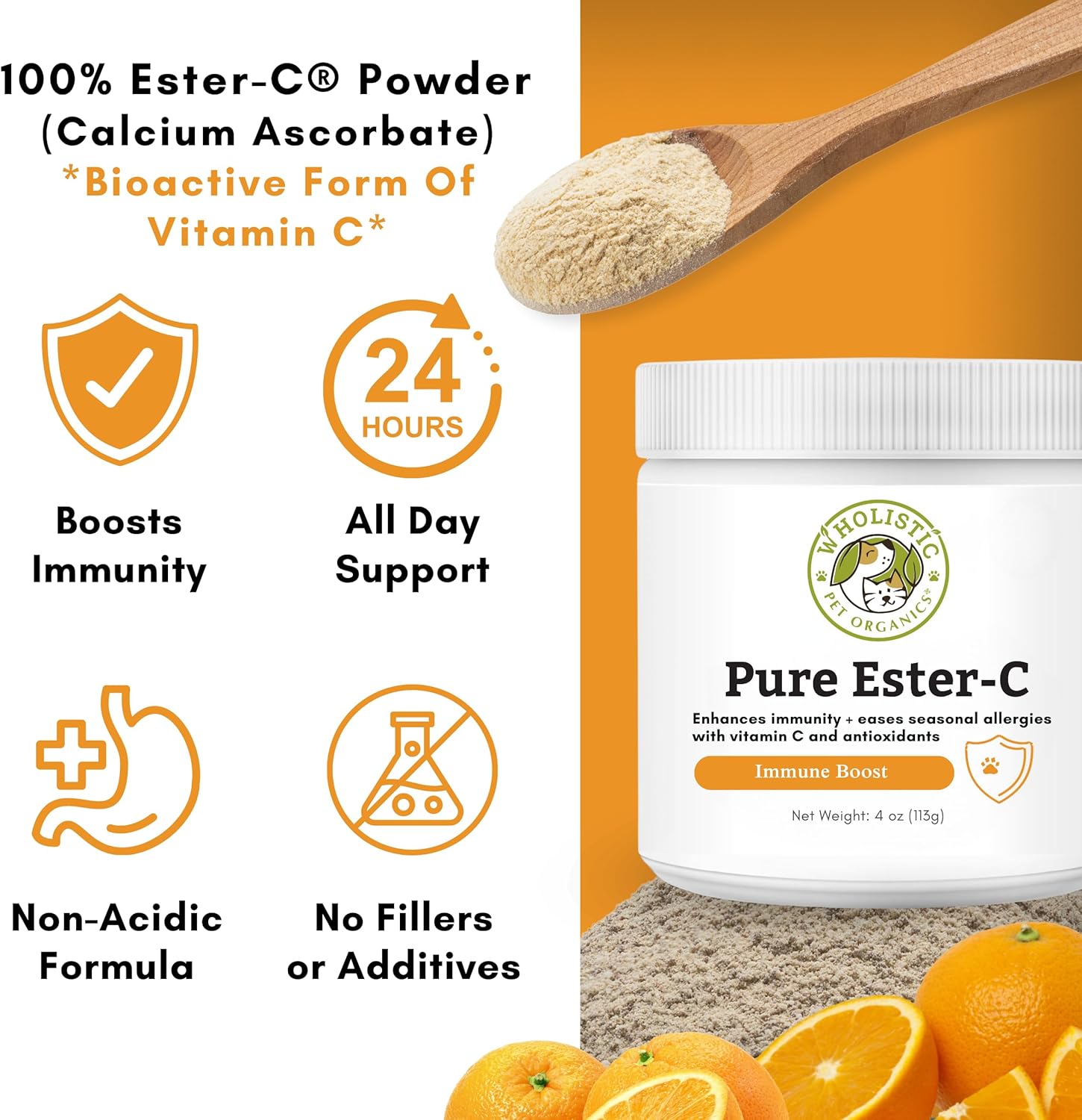 Organic Ester-C Powder for Dogs & Cats - 4 Oz - Immune Support, Skin & Coat Health - Allergy Relief - Vitamin Powder for Itchy Skin & Homemade Food