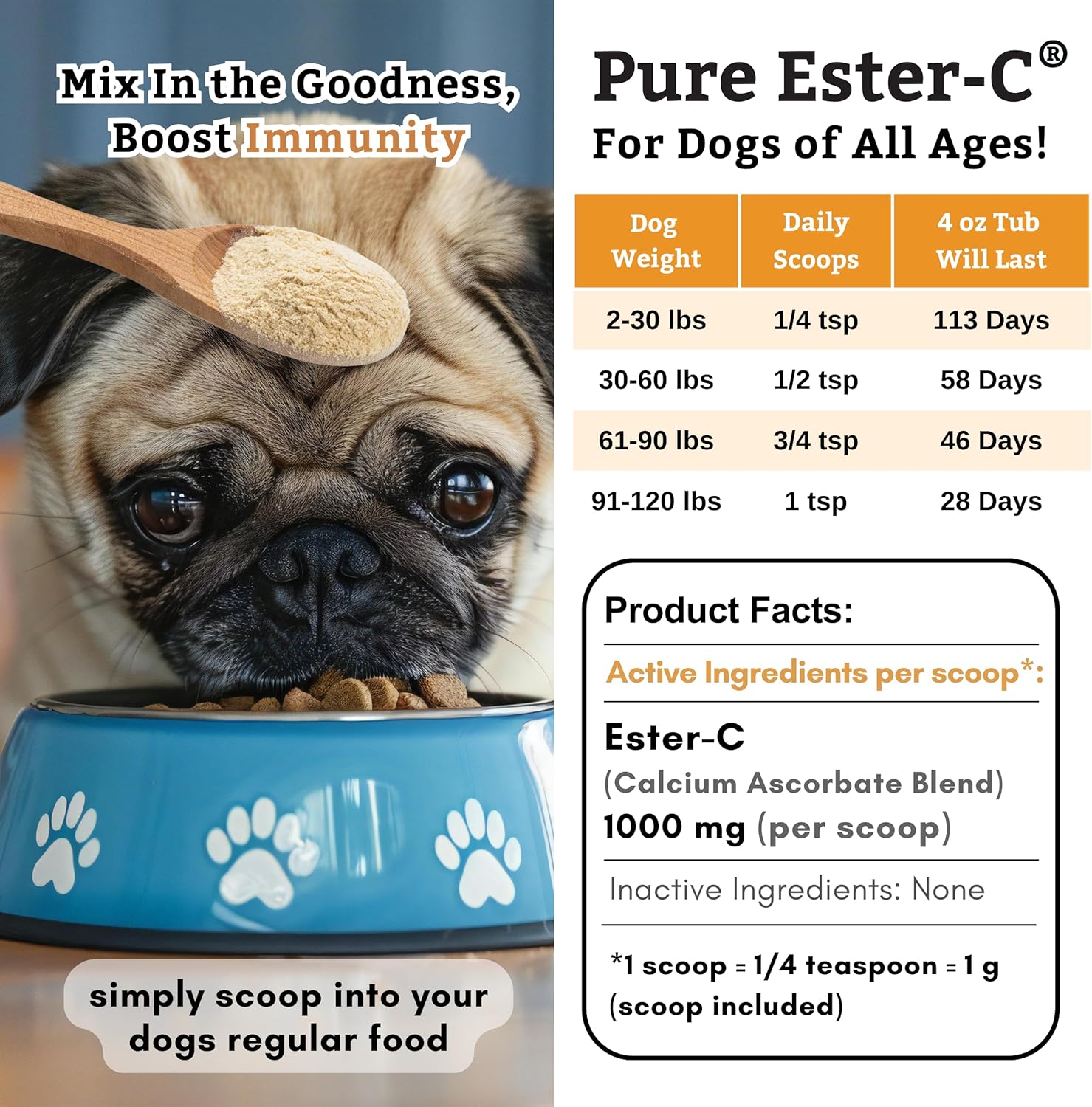 Organic Ester-C Powder for Dogs & Cats - 4 Oz - Immune Support, Skin & Coat Health - Allergy Relief - Vitamin Powder for Itchy Skin & Homemade Food