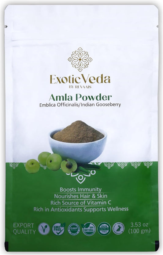Organic Exotic Veda Amla Powder - Rich in Vitamin C, Dried Indian Gooseberries Amalaki Powder: 3.53 Oz
