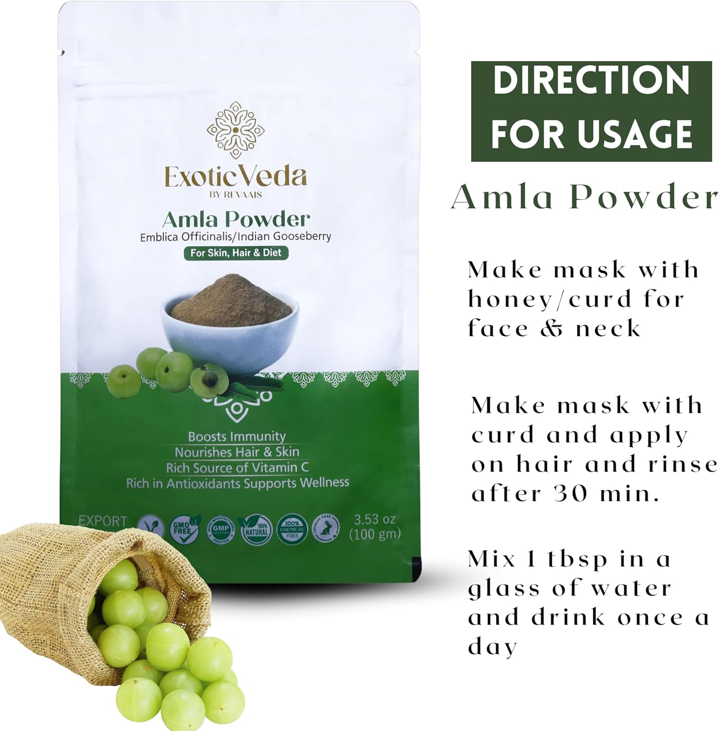 Organic Exotic Veda Amla Powder - Rich in Vitamin C, Dried Indian Gooseberries Amalaki Powder: 3.53 Oz