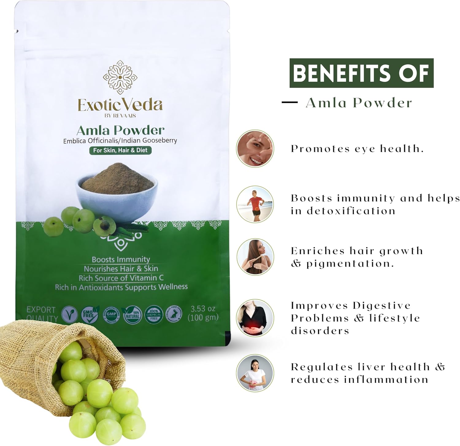 Organic Exotic Veda Amla Powder - Rich in Vitamin C, Dried Indian Gooseberries Amalaki Powder: 3.53 Oz