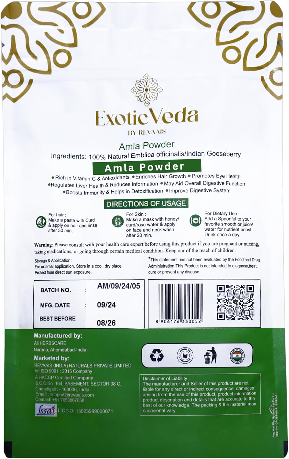 Organic Exotic Veda Amla Powder - Rich in Vitamin C, Dried Indian Gooseberries Amalaki Powder: 3.53 Oz