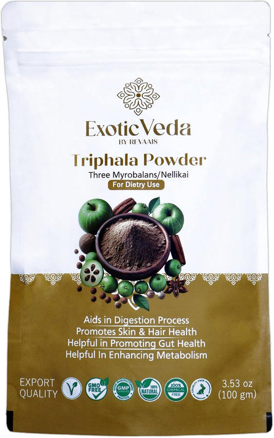Organic Exotic Veda Triphala Powder for Detox Cleanse - Lung, Liver, Colon, Gut Health - Herbal Skin Care and Fiber - Triphala Ghrita and Organic India - 100g