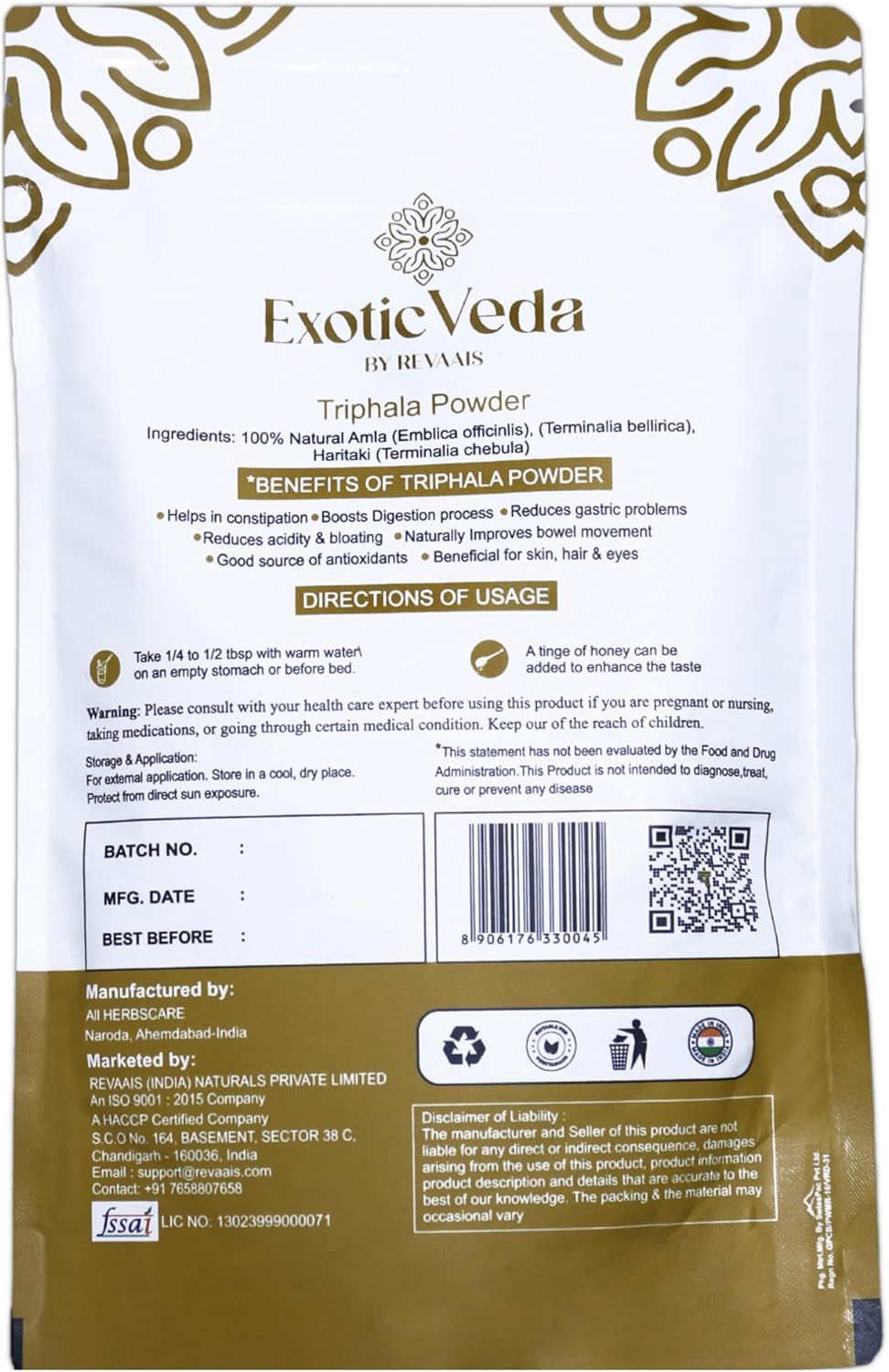 Organic Exotic Veda Triphala Powder for Detox Cleanse - Lung, Liver, Colon, Gut Health - Herbal Skin Care and Fiber - Triphala Ghrita and Organic India - 100g