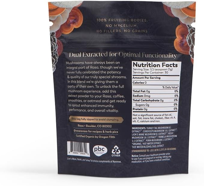 Organic Extra Potent Mushroom Blend Supplement - 100% Fruiting Bodies | Vegan & Gluten-Free | 1 oz Powder (30 Servings)