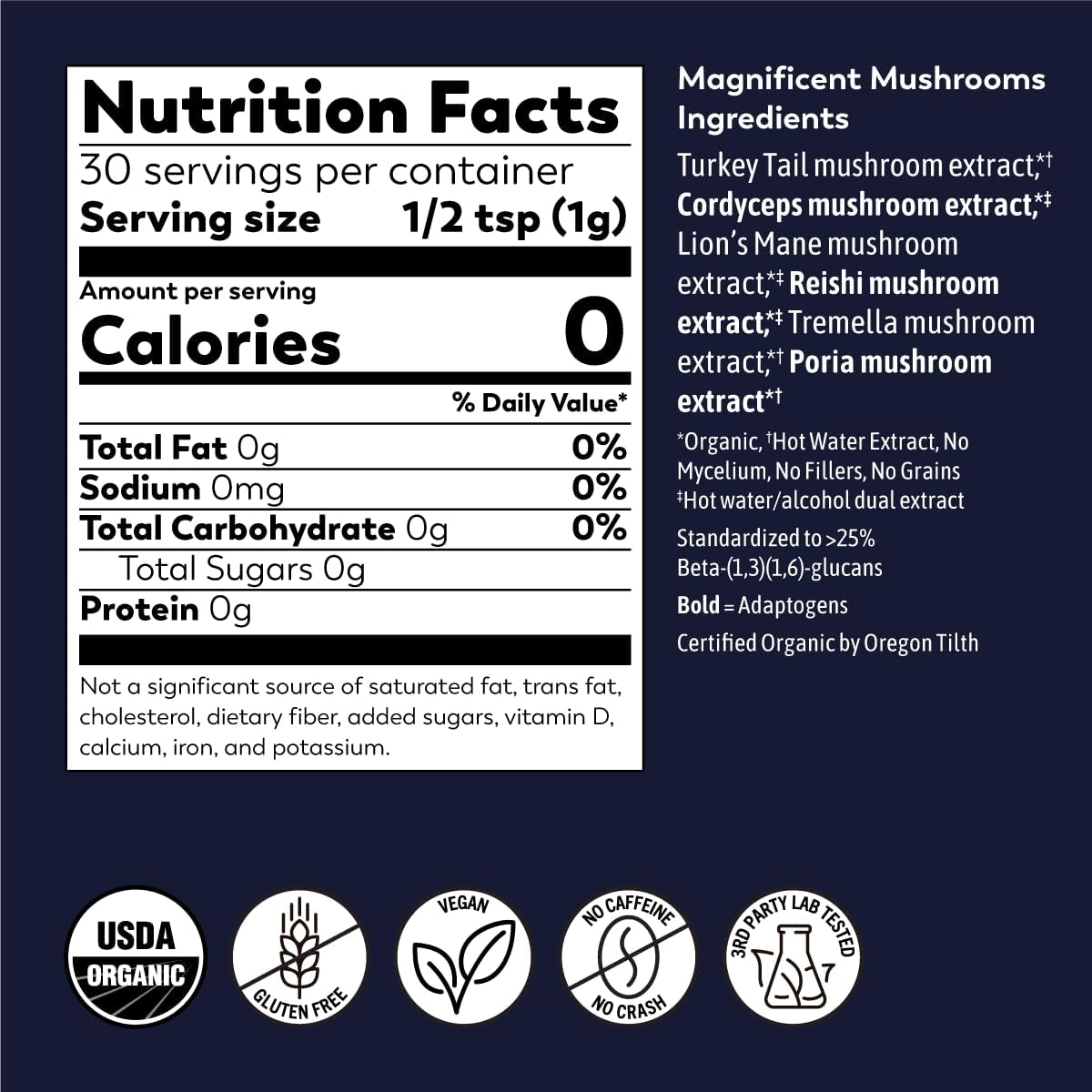 Organic Extra Potent Mushroom Blend Supplement - 100% Fruiting Bodies | Vegan & Gluten-Free | 1 oz Powder (30 Servings)