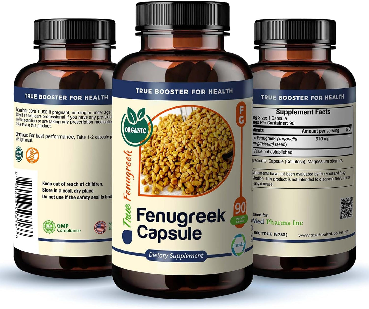 Organic Fenugreek Capsules for Metabolic Support, Energy Boost, and Hormone Balance - 610mg, 90 Capsules