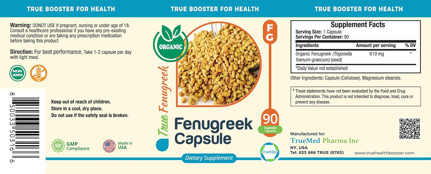 Organic Fenugreek Capsules for Metabolic Support, Energy Boost, and Hormone Balance - 610mg, 90 Capsules