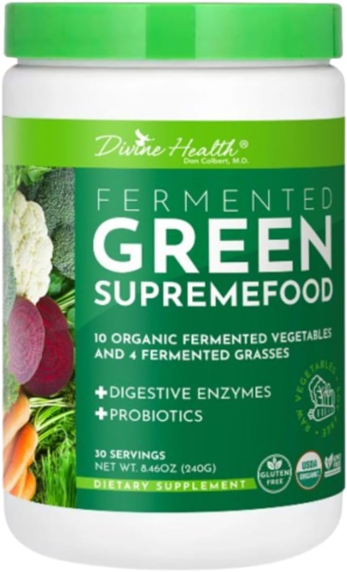 Organic Fermented Green Supremefood with 10 Vegetables, 4 Grasses, and Probiotics - Apple Cinnamon Flavor (30 Day Supply) by Divine Health