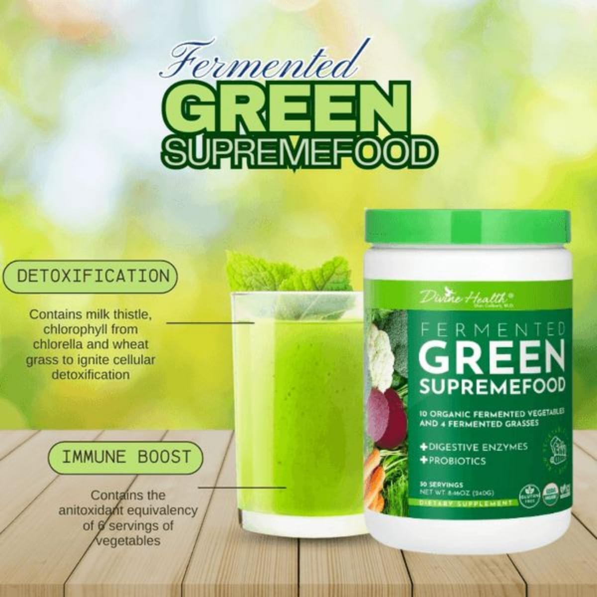 Organic Fermented Green Supremefood with 10 Vegetables, 4 Grasses, and Probiotics - Apple Cinnamon Flavor (30 Day Supply) by Divine Health