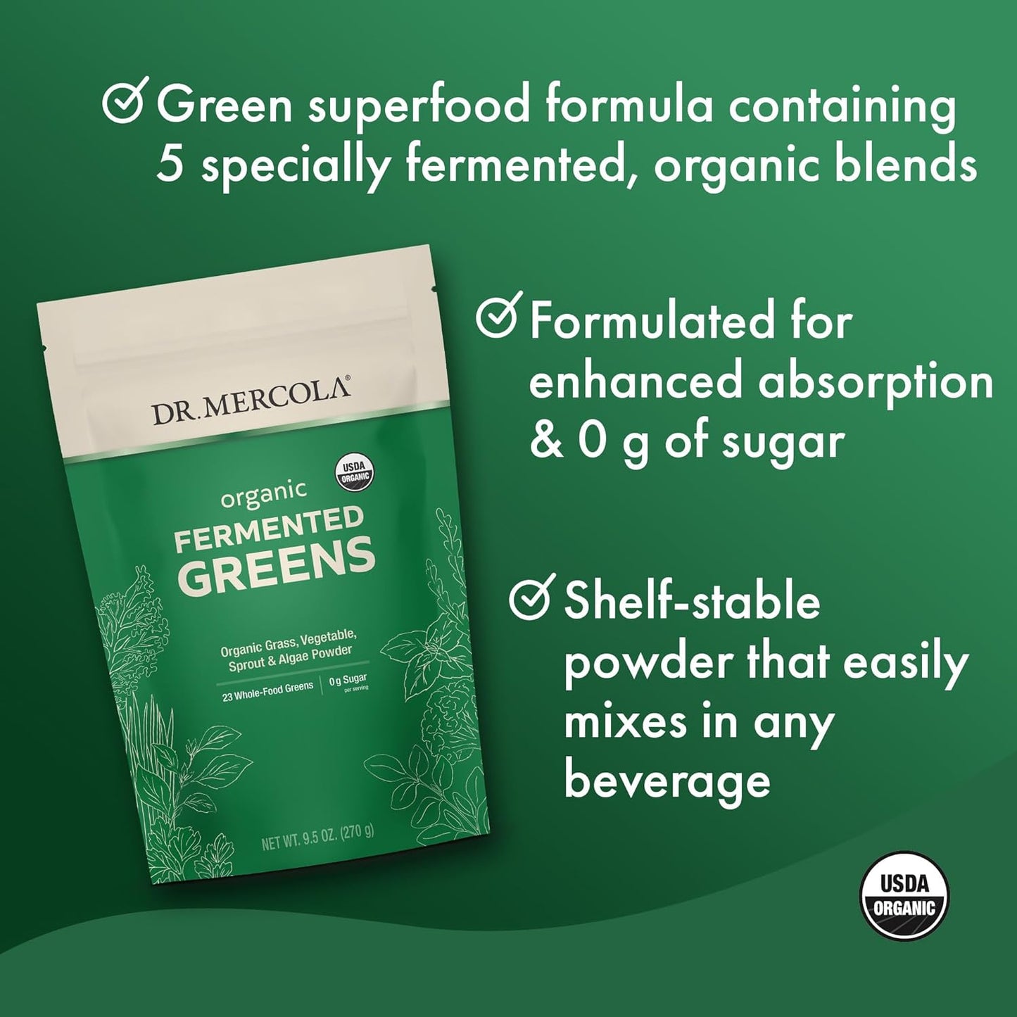 Organic Fermented Greens by Dr. Mercola - 9.5 oz (270g), 90 Servings - Certified Organic, Non-GMO, Soy-Free & USDA Organic