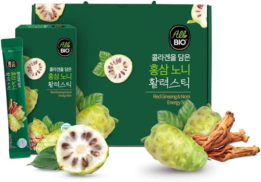 Organic Fermented Noni Juice Collagen Stick with Red Ginseng - Antioxidant Superfood by ALLBIO - 45 Sticks, 0.7 oz - Immune Support & Wellness