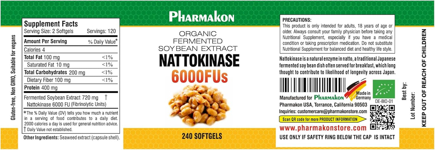 Organic Fermented Soybean Nattokinase Soft Capsules with 6000 FUs - Bioavailable Supplement