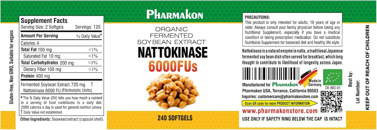 Organic Fermented Soybean Nattokinase Soft Capsules with 6000 FUs - Bioavailable Supplement